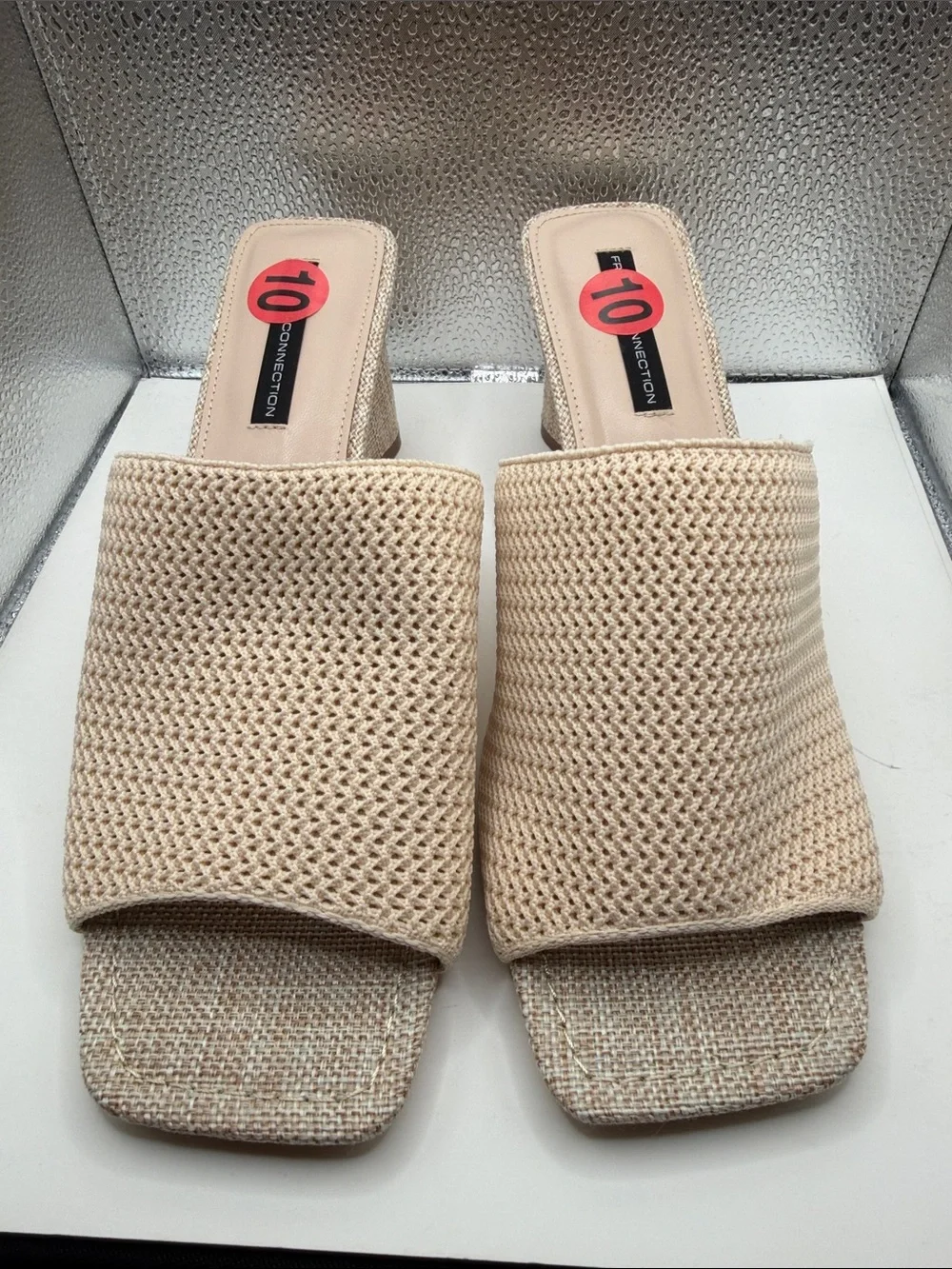 French Connection Knit Open-Toe Mule Heels in Beige